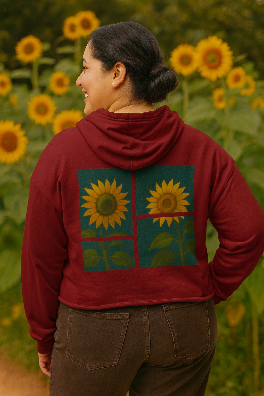 Twin Sunflowers Crop Hoodie – Artistic Back Print for Sunshine Lovers