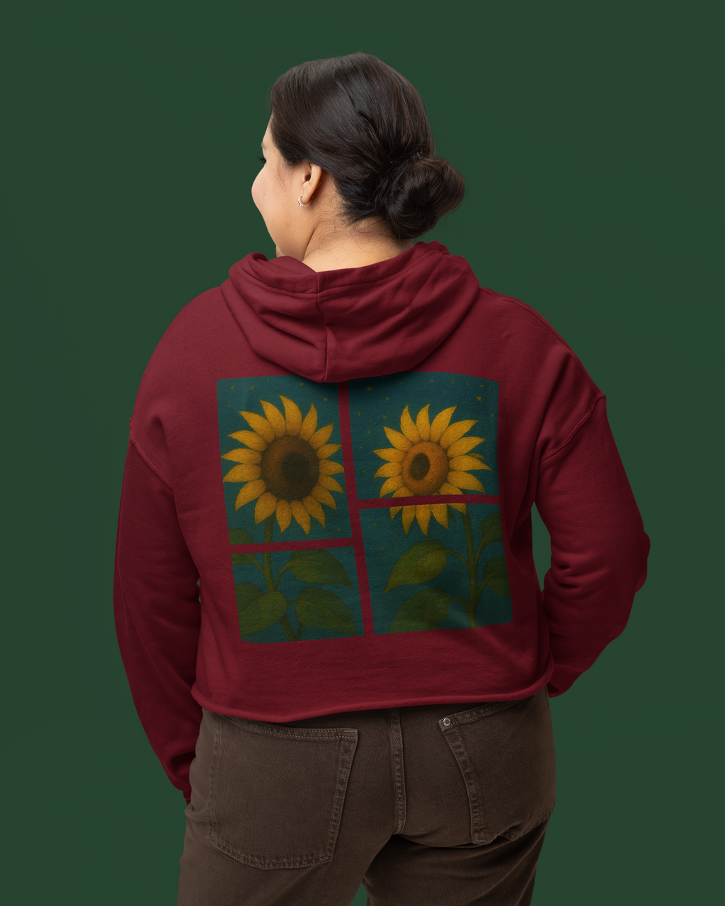 Twin Sunflowers Crop Hoodie – Artistic Back Print for Sunshine Lovers
