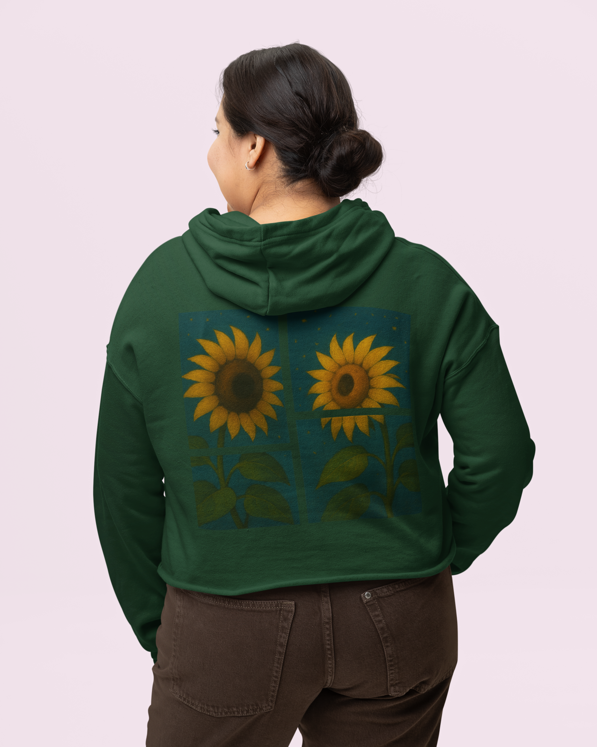Twin Sunflowers Crop Hoodie – Artistic Back Print for Sunshine Lovers