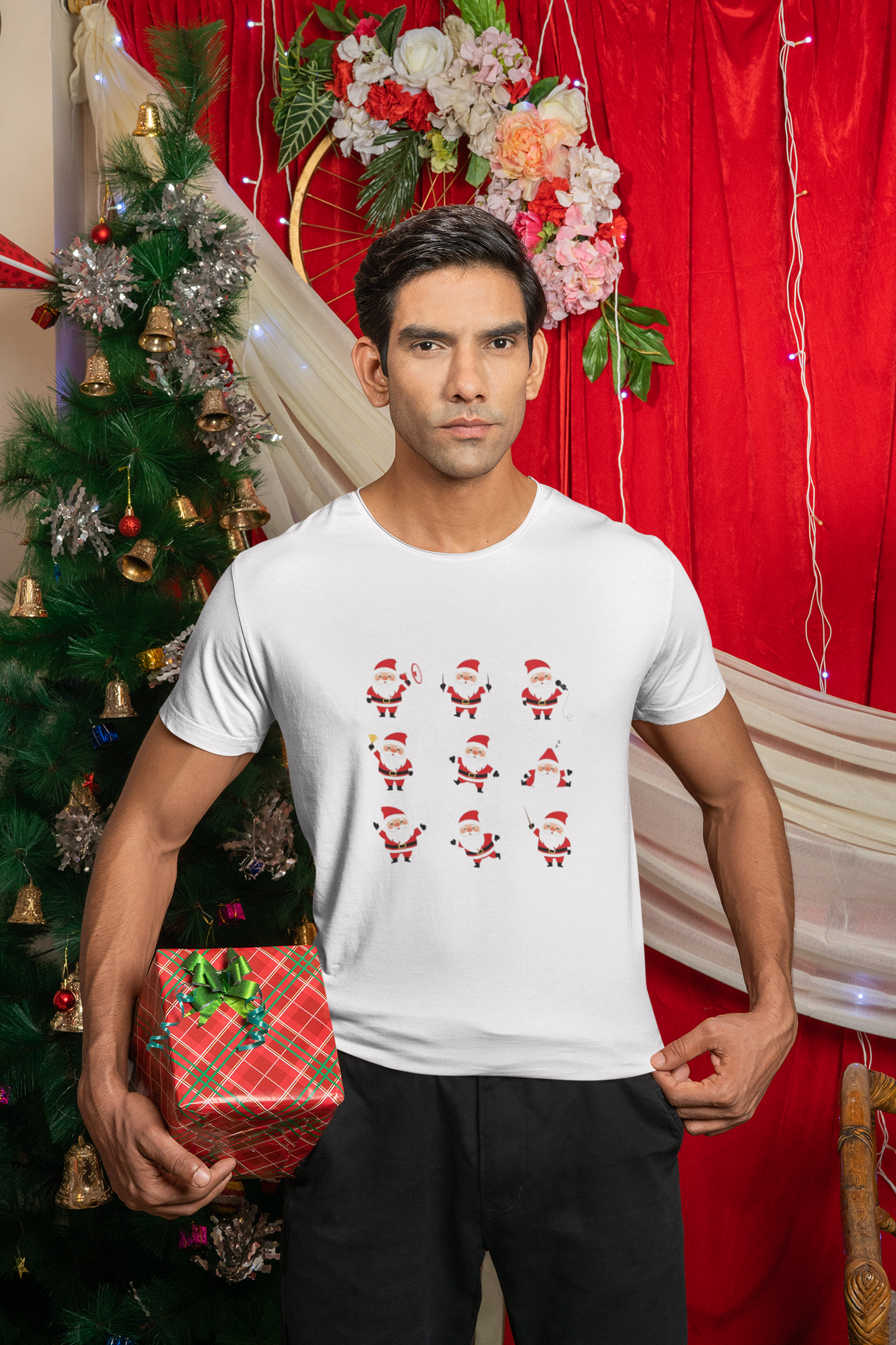 Cute Dancing Santa Claus Grid T-Shirt | Unisex 100% Cotton Holiday Tee